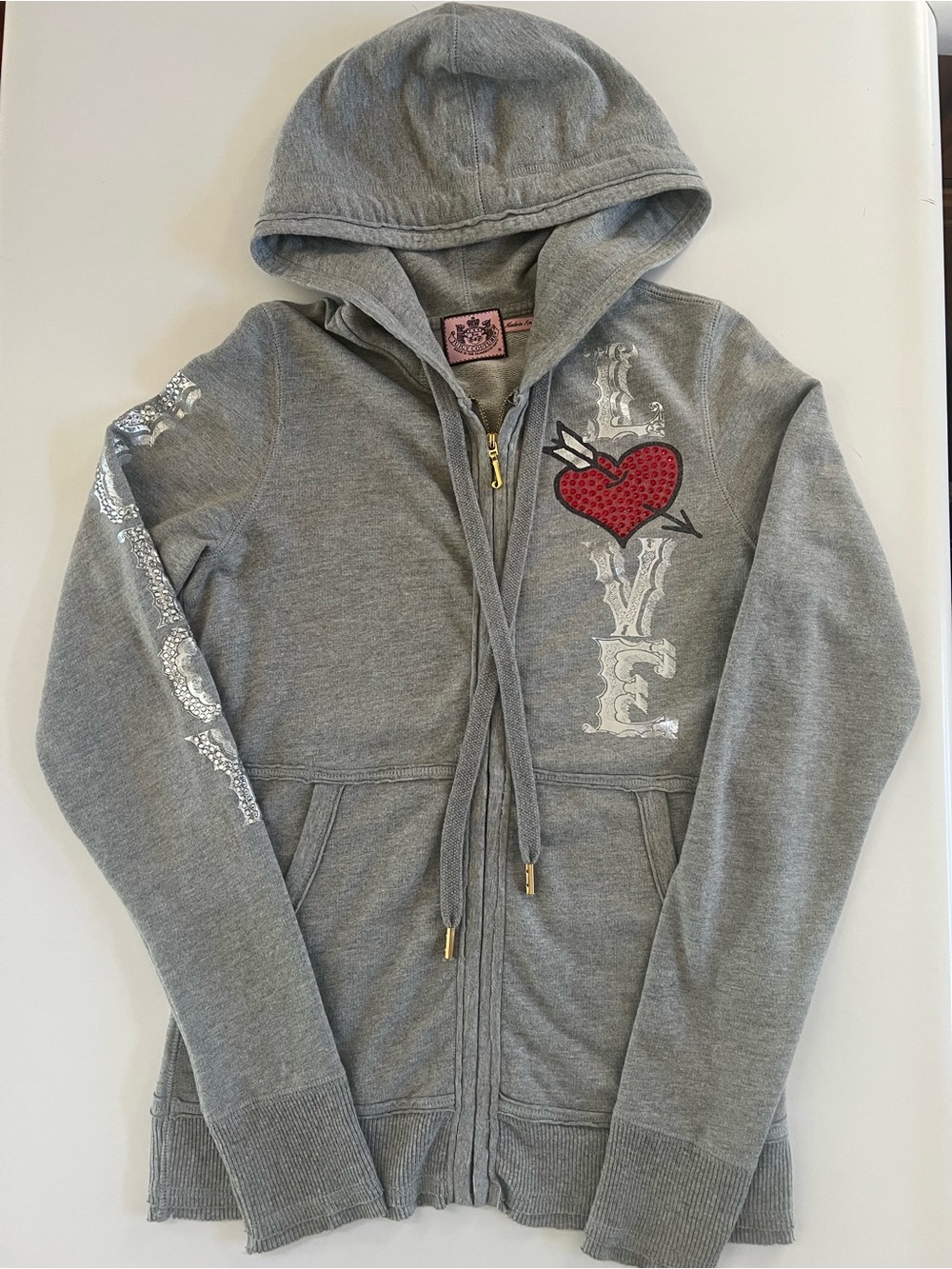 Juicy Couture Gray Zip Hoodie with Red Heart Arrow Patch